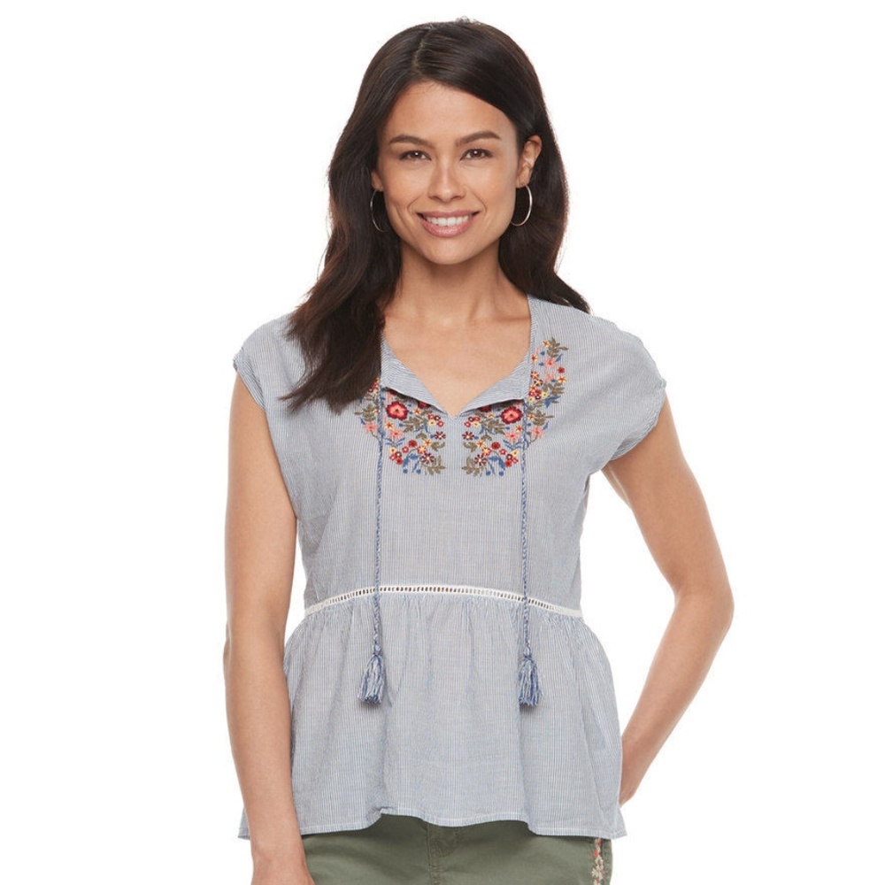 Sonoma Embroider Peplum Pinstripe BOHO Top PS PXL